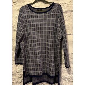 Lord & Taylor Tunic Sweater Navy/White Plaid 1X Asymmetric Hem